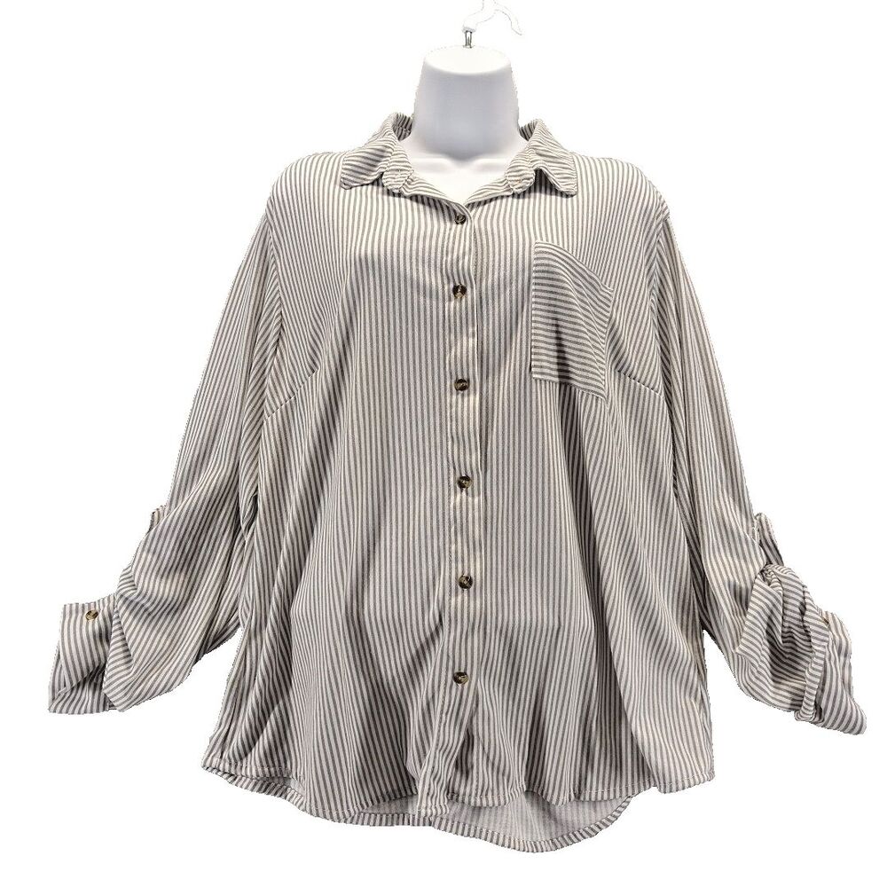 Eden & Olivia Women Sz XL Gray Striped Long Roll Tab Sleeve Button Front Shirt